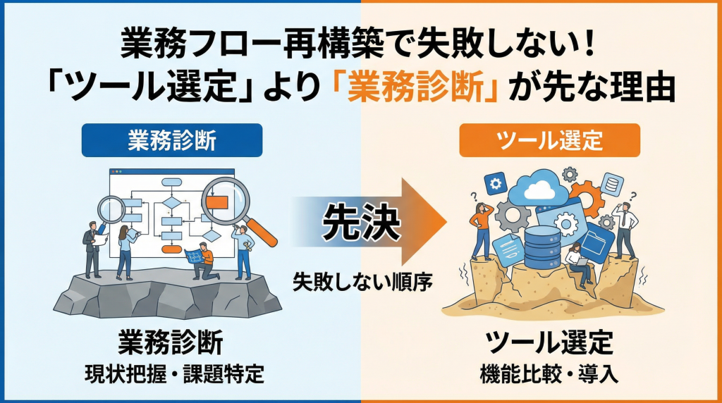 業務フロー再構築で失敗しない！「ツール選定」より「業務診断」が先な理由