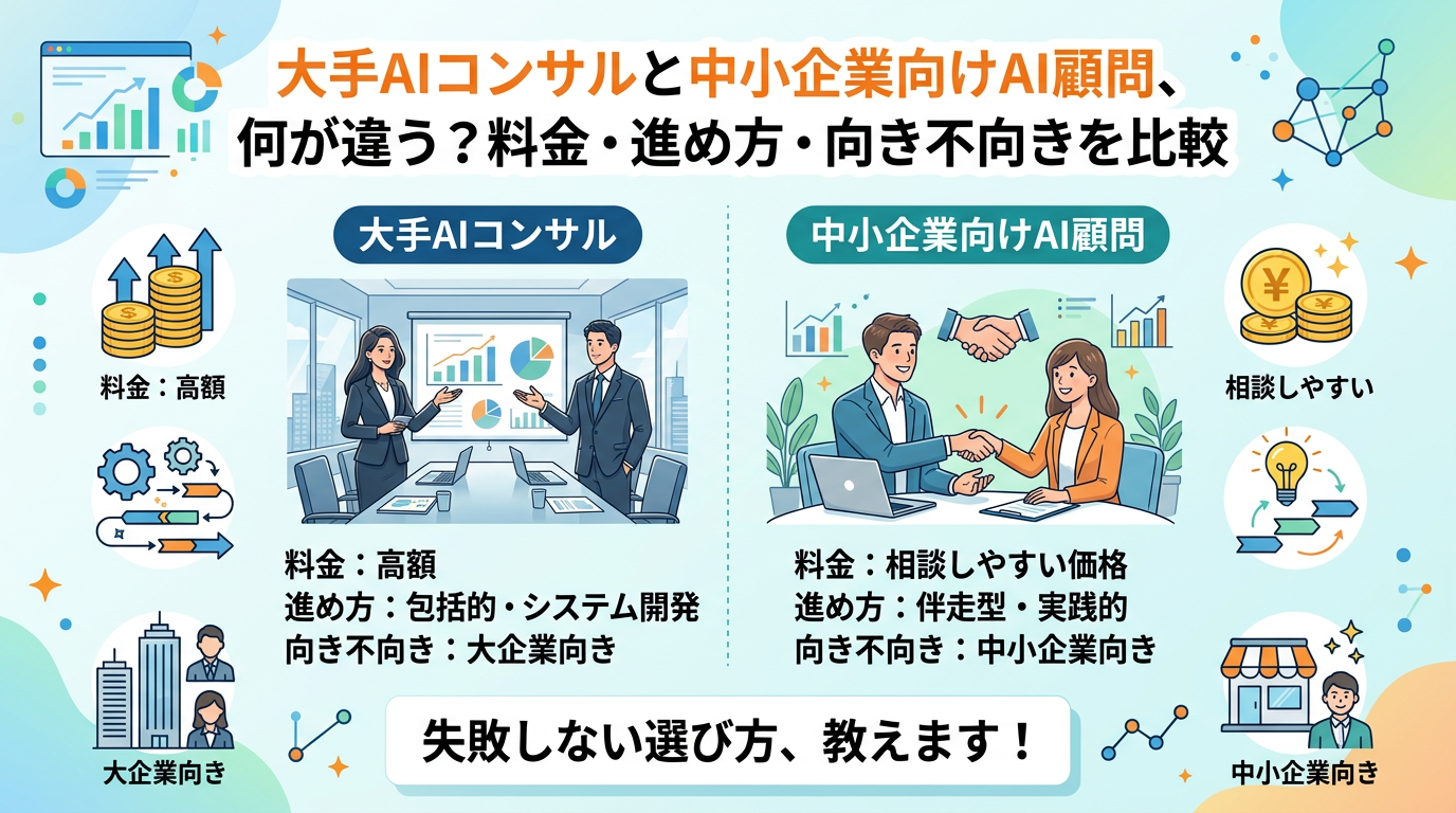 大手AIコンサルと中小企業向けAI顧問、何が違う？料金・進め方・向き不向きを比較