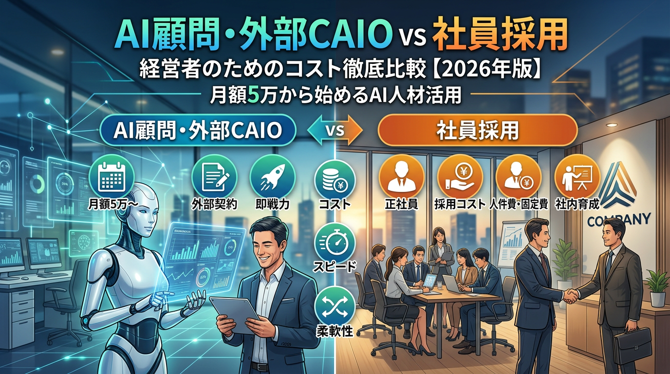 AI顧問・外部CAIO vs 社員採用：月額5万から始めるAI人材活用、経営者のためのコスト徹底比較【2026年版】